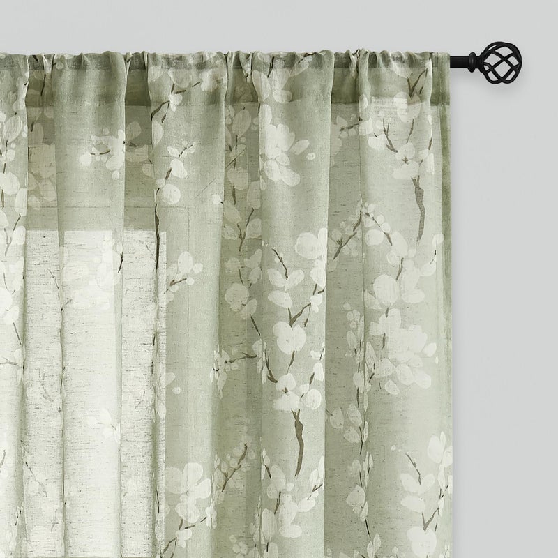FMFUNCTEX Linen Sheer Curtains for Bedroom, Sage Green Blossom Print Curtains 84 Inches Long for Living Room,Floral Patterned Farmhouse Curtain Light Filtering Window Drapes 2 Panels, Rod Pocket - Image 1